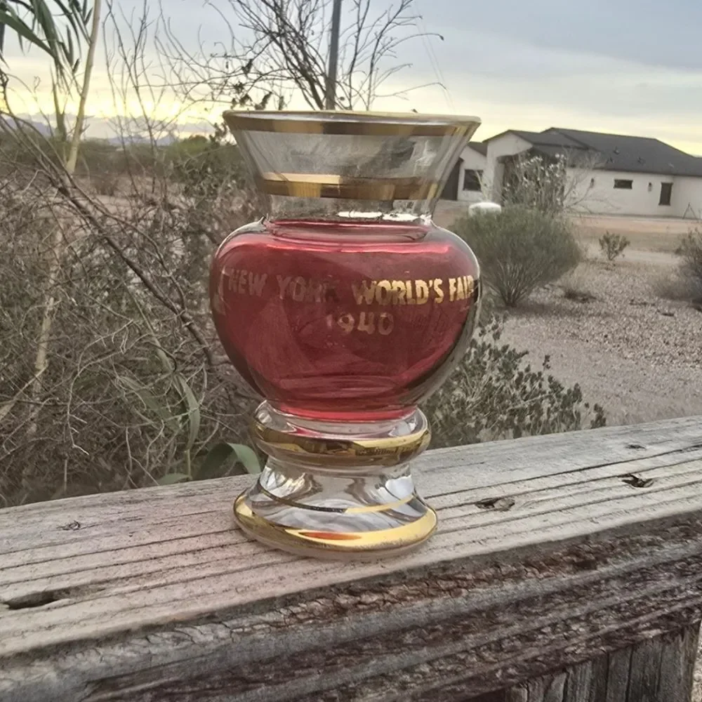 1940 New York World's Fair Souvenir Vase | Ruby/Cranberry Glass with Gold Trim